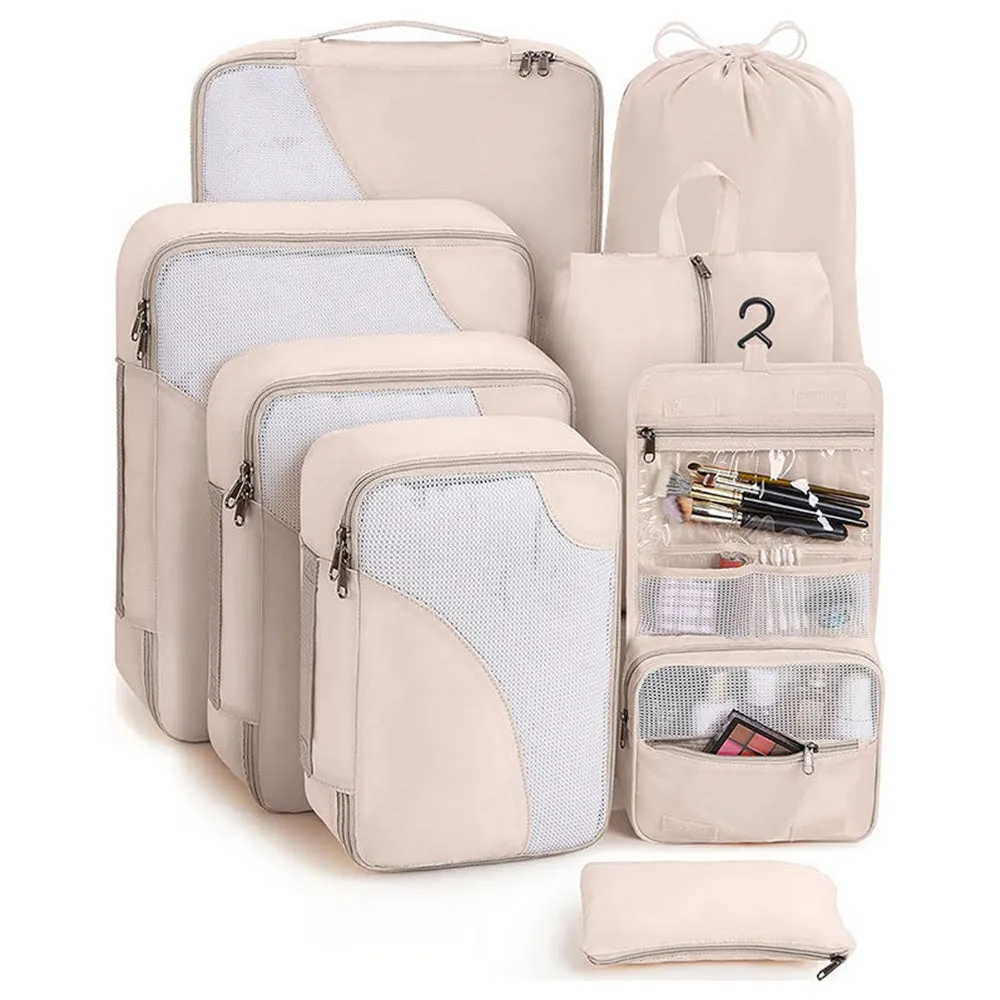 8Pcs Set Travel Packing Cubes Compression Storage Bags for Suitcases Beige