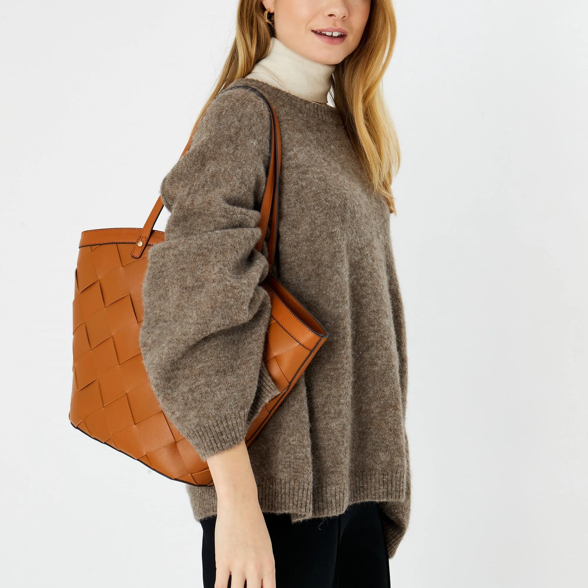 Accessorize London Women's Faux Leather Tan Cross-Weave tote Bag