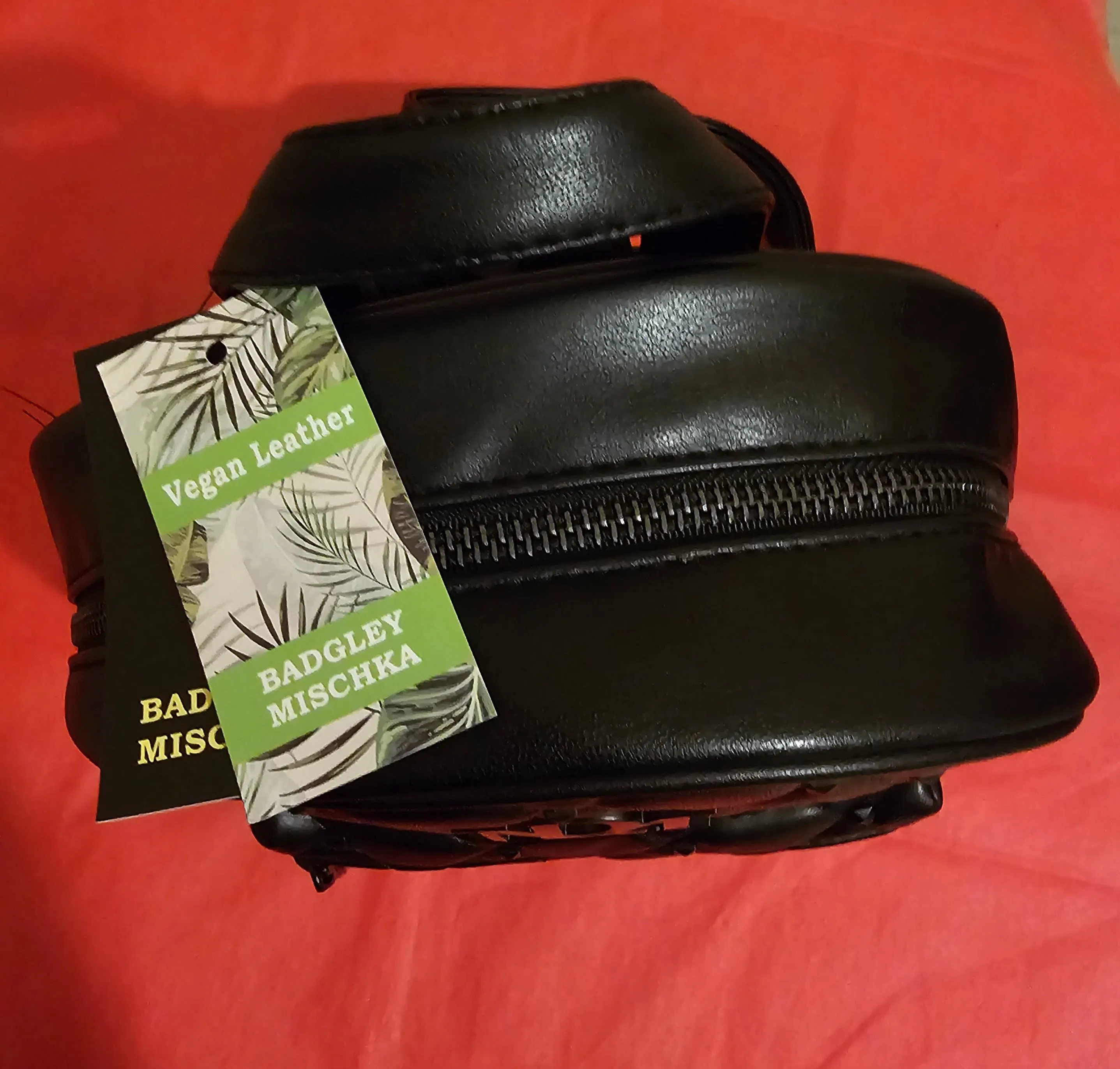 Badgley Mischka Set-Black Vegan Leather Studded Backpack Sling Bag with Wallet