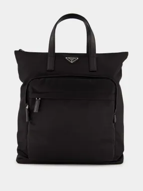 Black Re-Nylon and Saffiano Leather Tote Bag