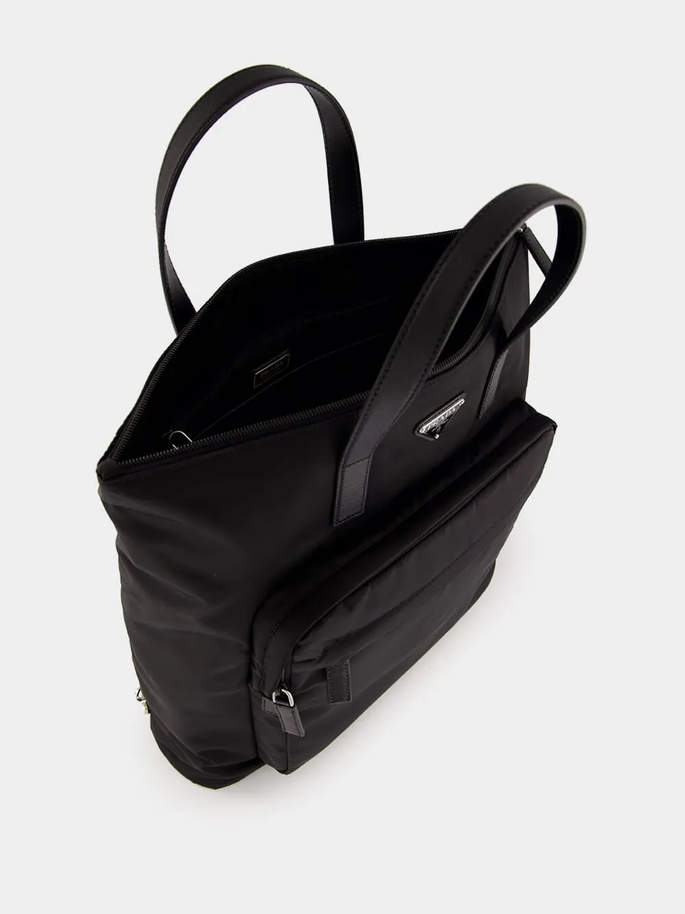 Black Re-Nylon and Saffiano Leather Tote Bag