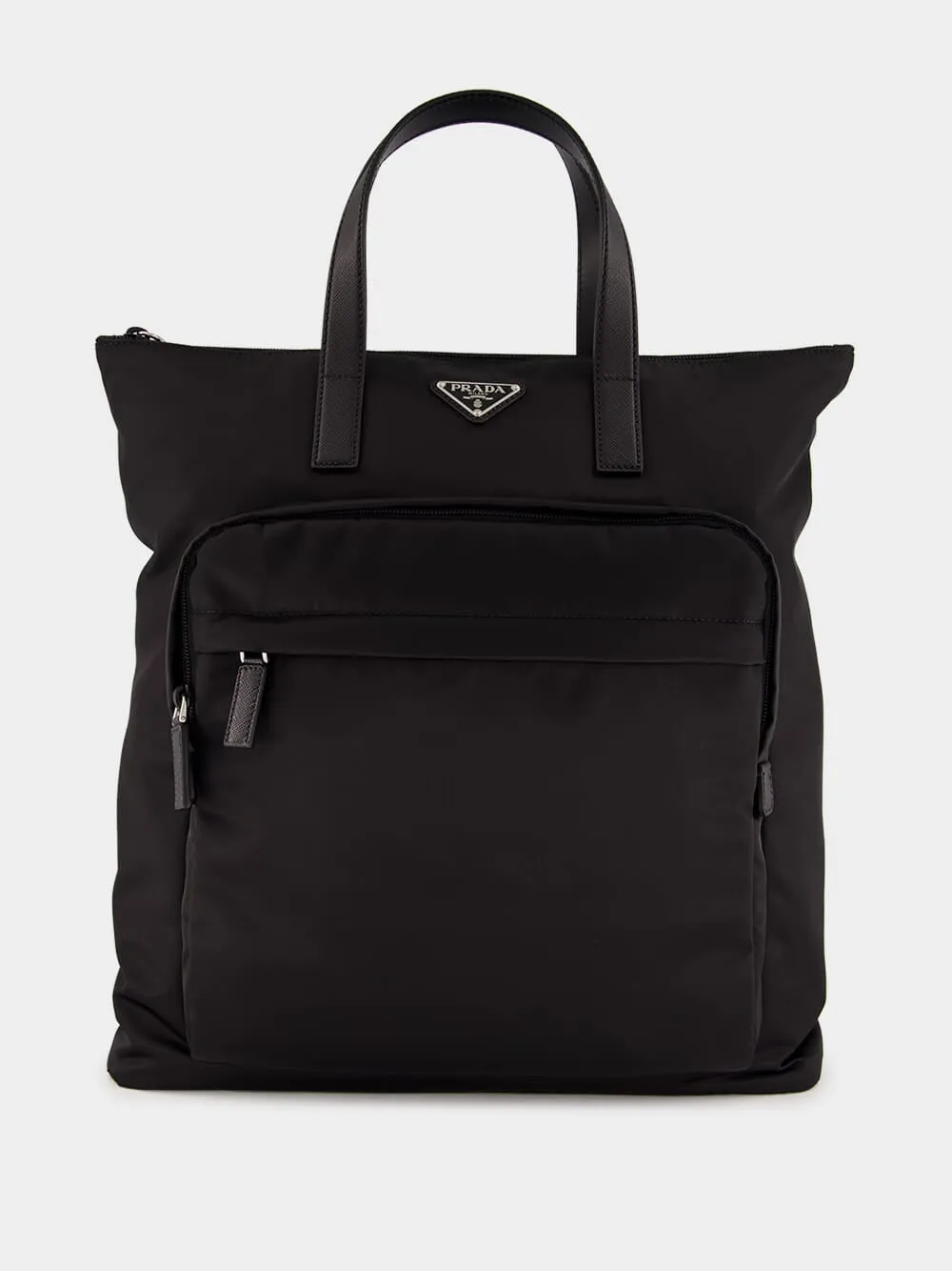 Black Re-Nylon and Saffiano Leather Tote Bag