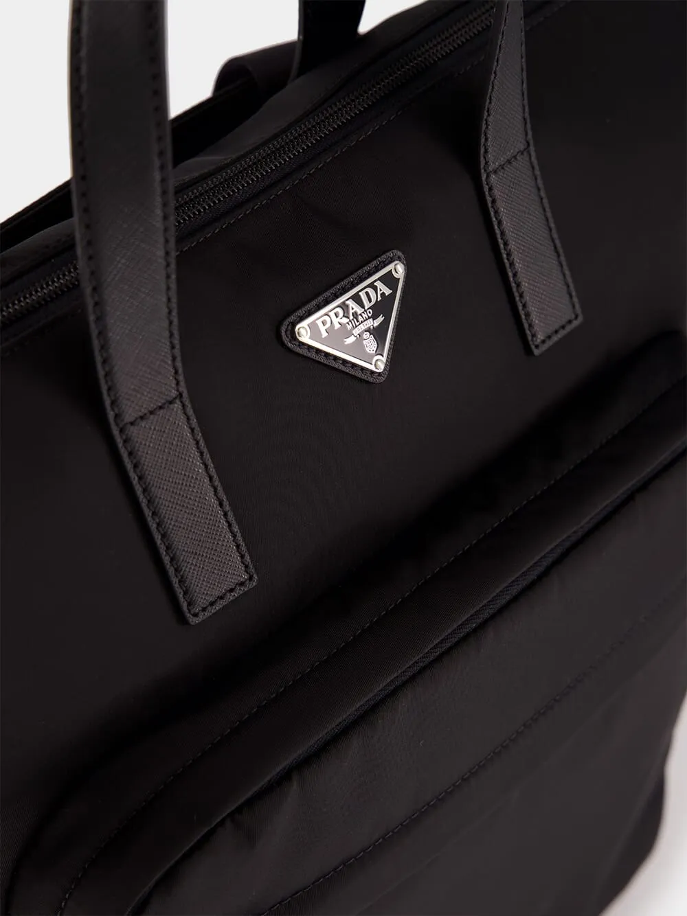 Black Re-Nylon and Saffiano Leather Tote Bag