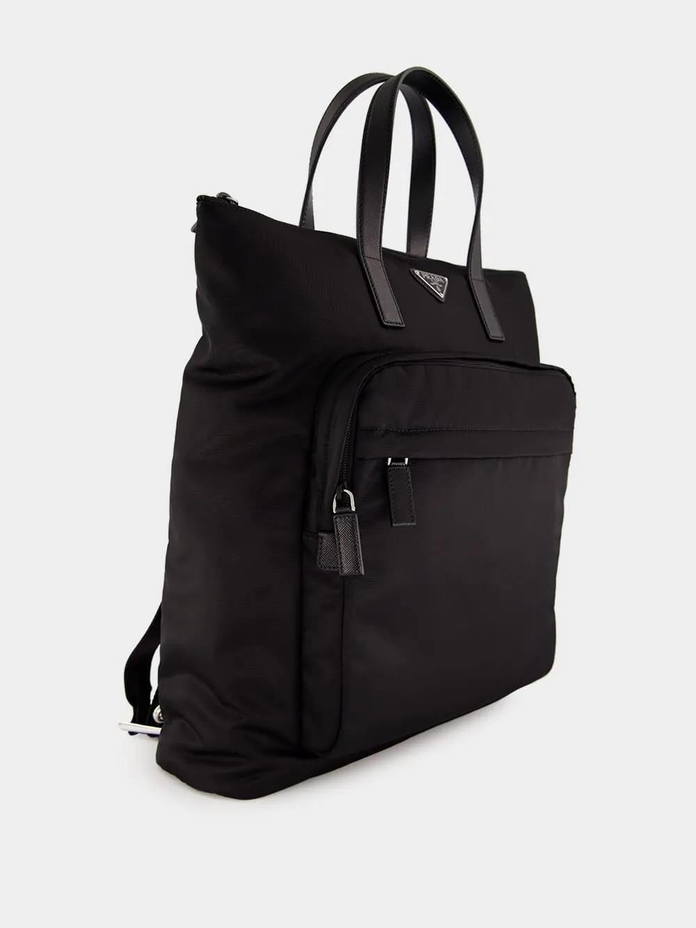 Black Re-Nylon and Saffiano Leather Tote Bag