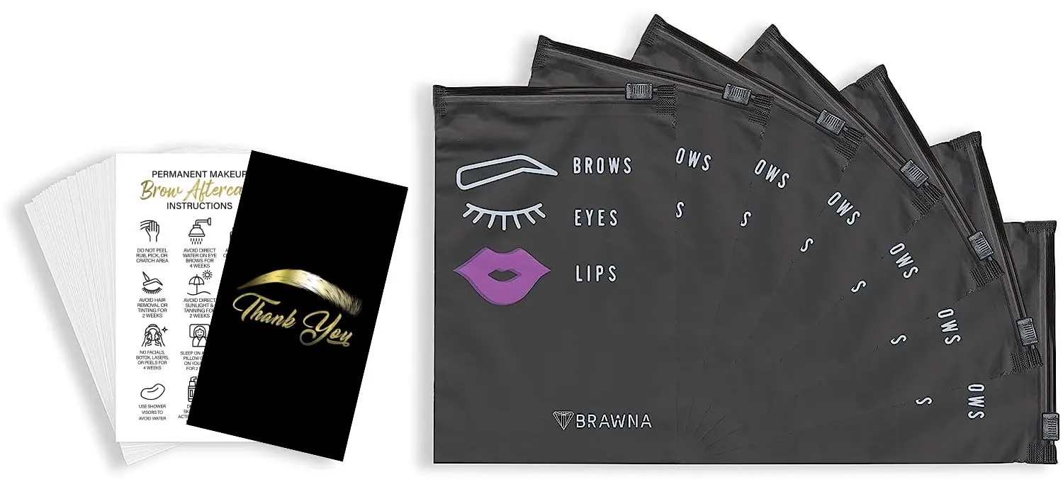 BRAWNA 50 Pck MIcroblading Aftercare Instructions Cards with 50 Pck Black Aftercare Bags - PMU Supplies - Microblading Kit