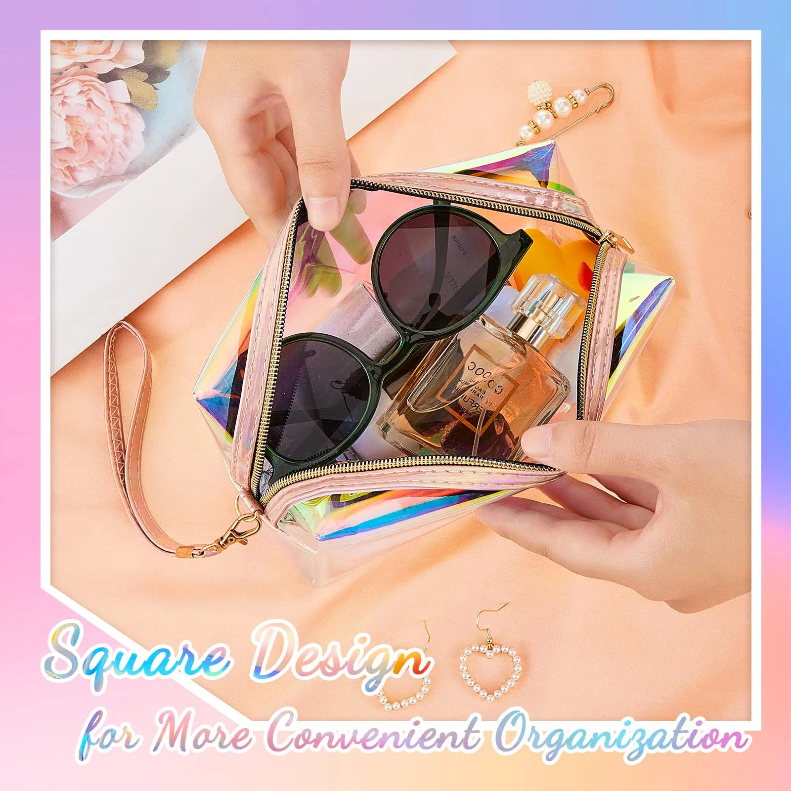 Dunzy 8 Pcs Holographic Clear Makeup Bags with Zipper Travel Cosmetic Bag Iridescent Makeup Pouches with Wrist Loop Waterproof Toiletry Organizer Case Home Office Purse Diaper Bag Vacation Gift(M)