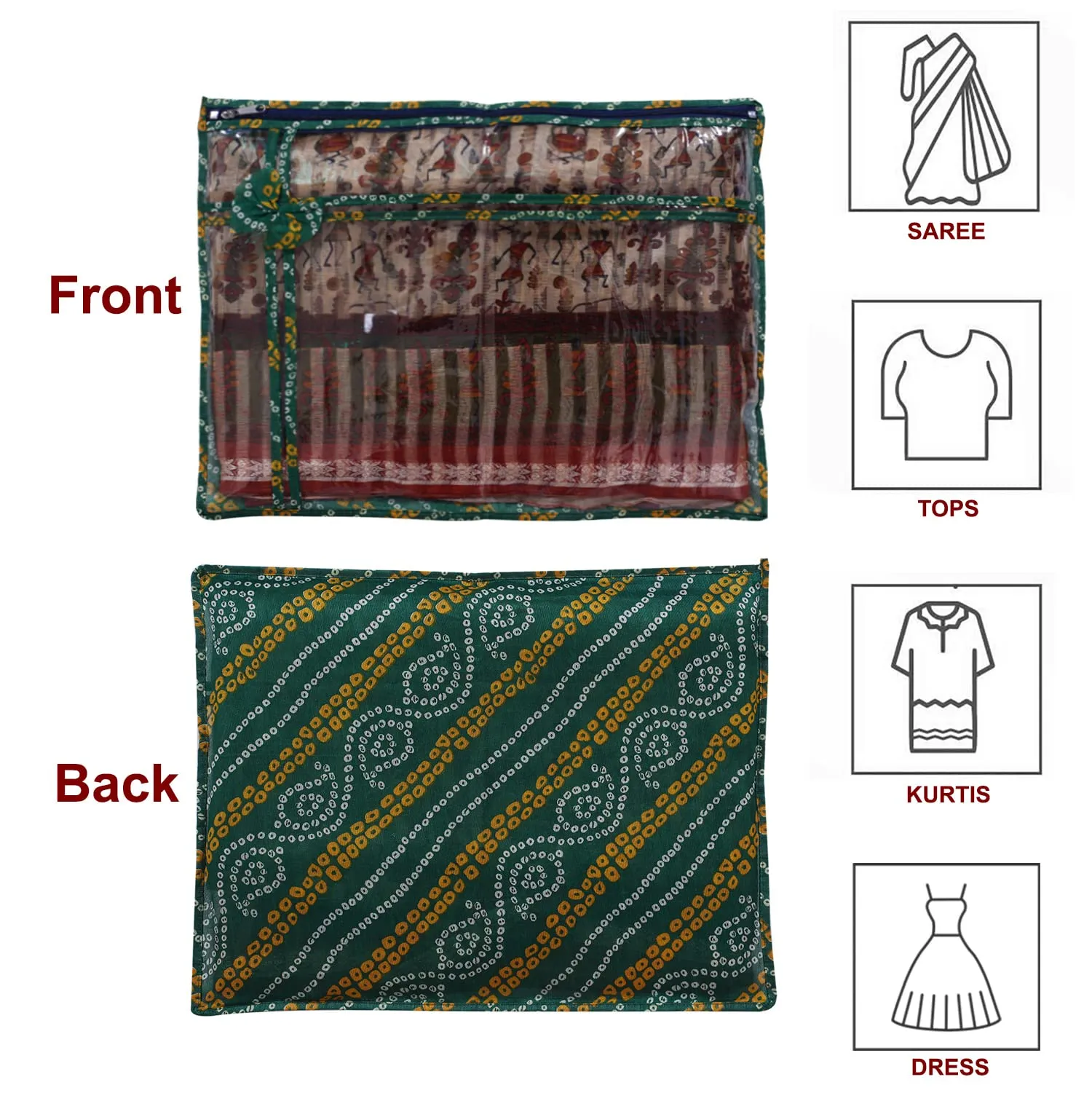 Heart Home Bandhani Print PVC Foldable Single Saree Cover|Clothes Storage For Saree, Lehenga, Suit With Transparent Pack of 12 (Green)