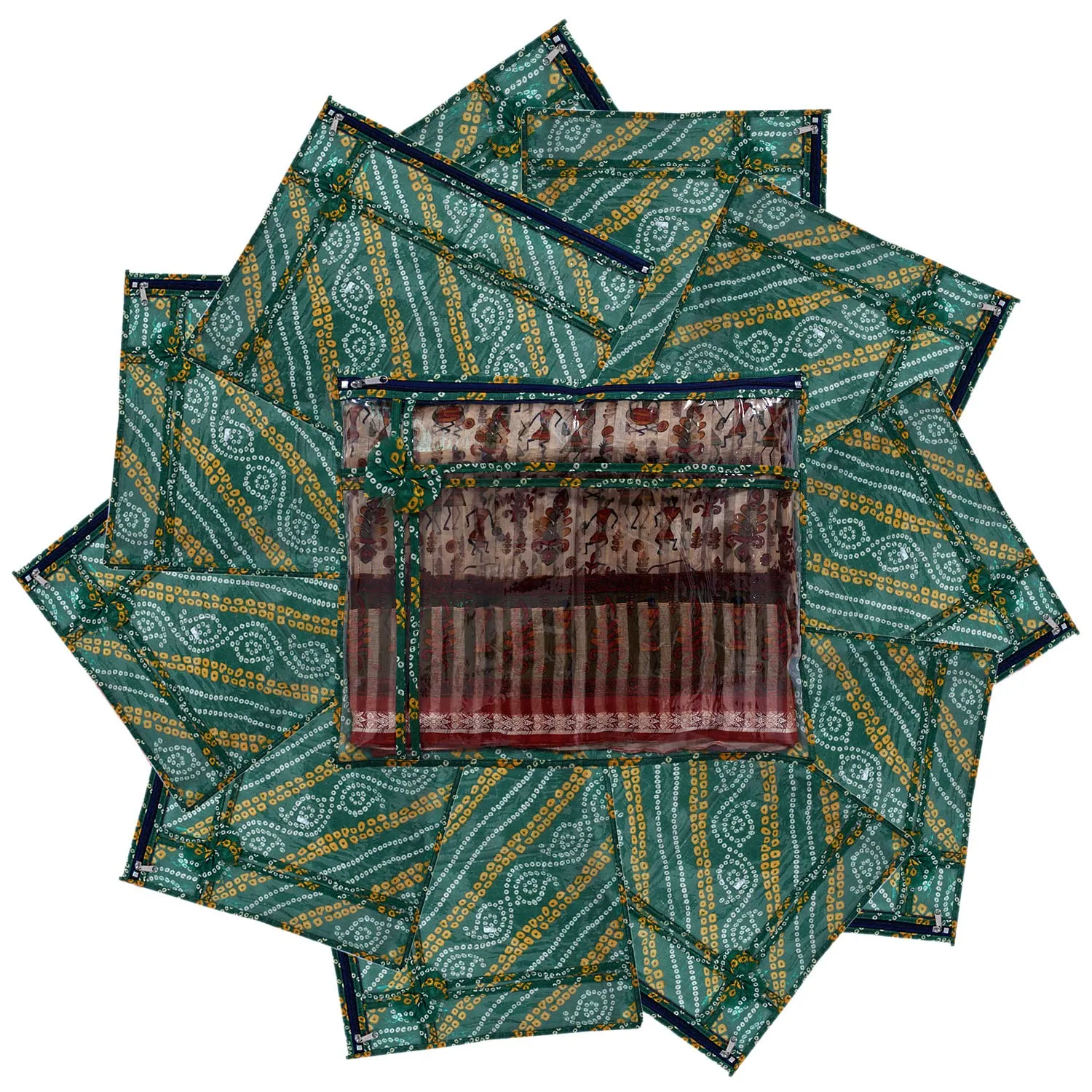 Heart Home Bandhani Print PVC Foldable Single Saree Cover|Clothes Storage For Saree, Lehenga, Suit With Transparent Pack of 12 (Green)