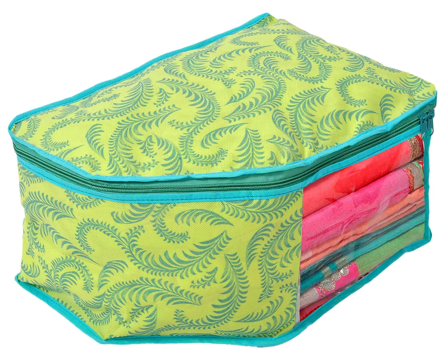 Heart Home Leaf Printed Non-Woven Blouse Cover Wardrobe Organiser Clothes Storage Bag With Front Window- Pack of 2 (Green)-44HH0528