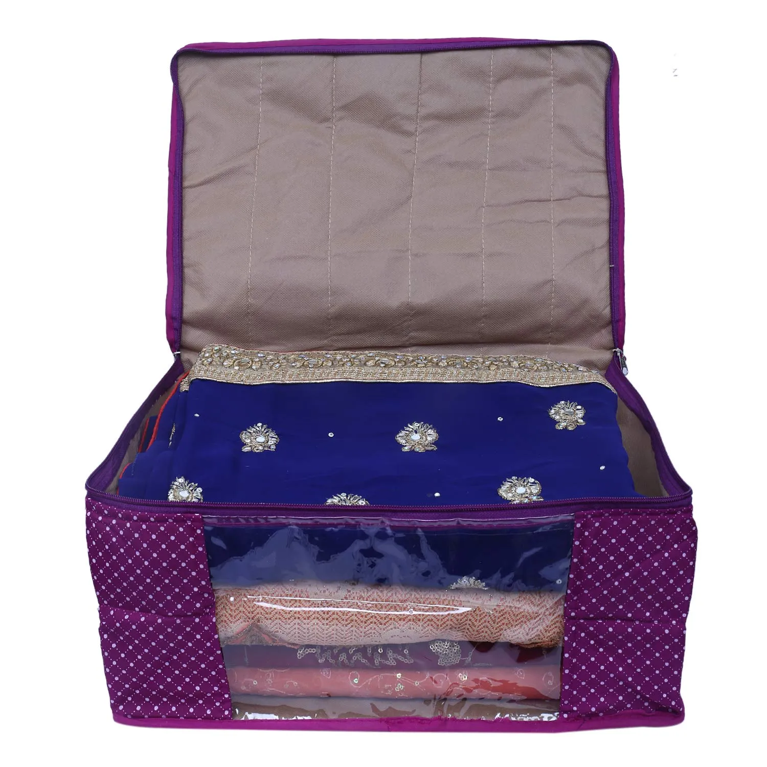 Kuber Industries Polka Dots 1 Piece Cotton 3 Layered Quilted Saree Cover, Purple-CTKTC21287