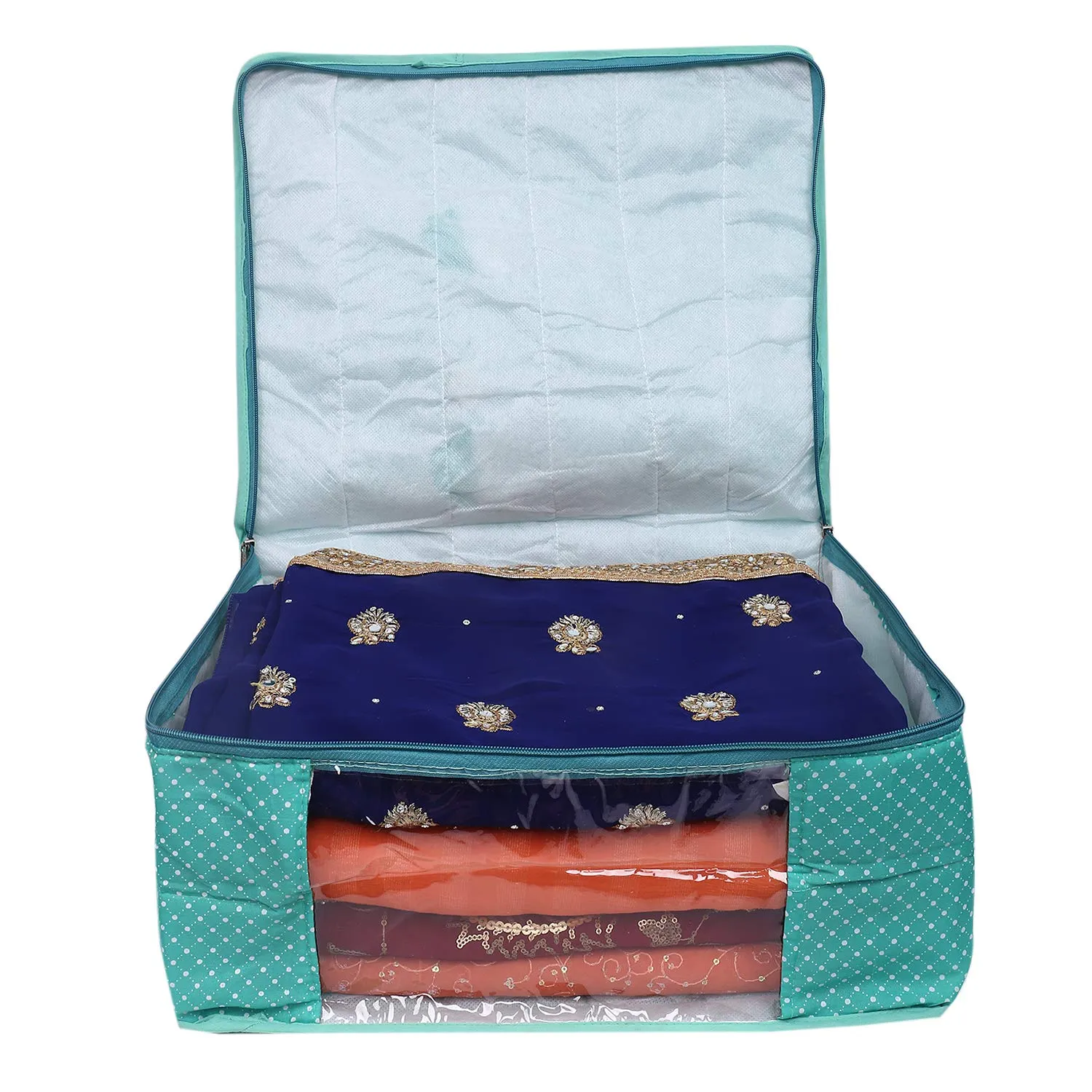 Kuber Industries Polka Dots 2 Piece Cotton 3 Layered Quilted Saree Cover, Green-CTKTC025824