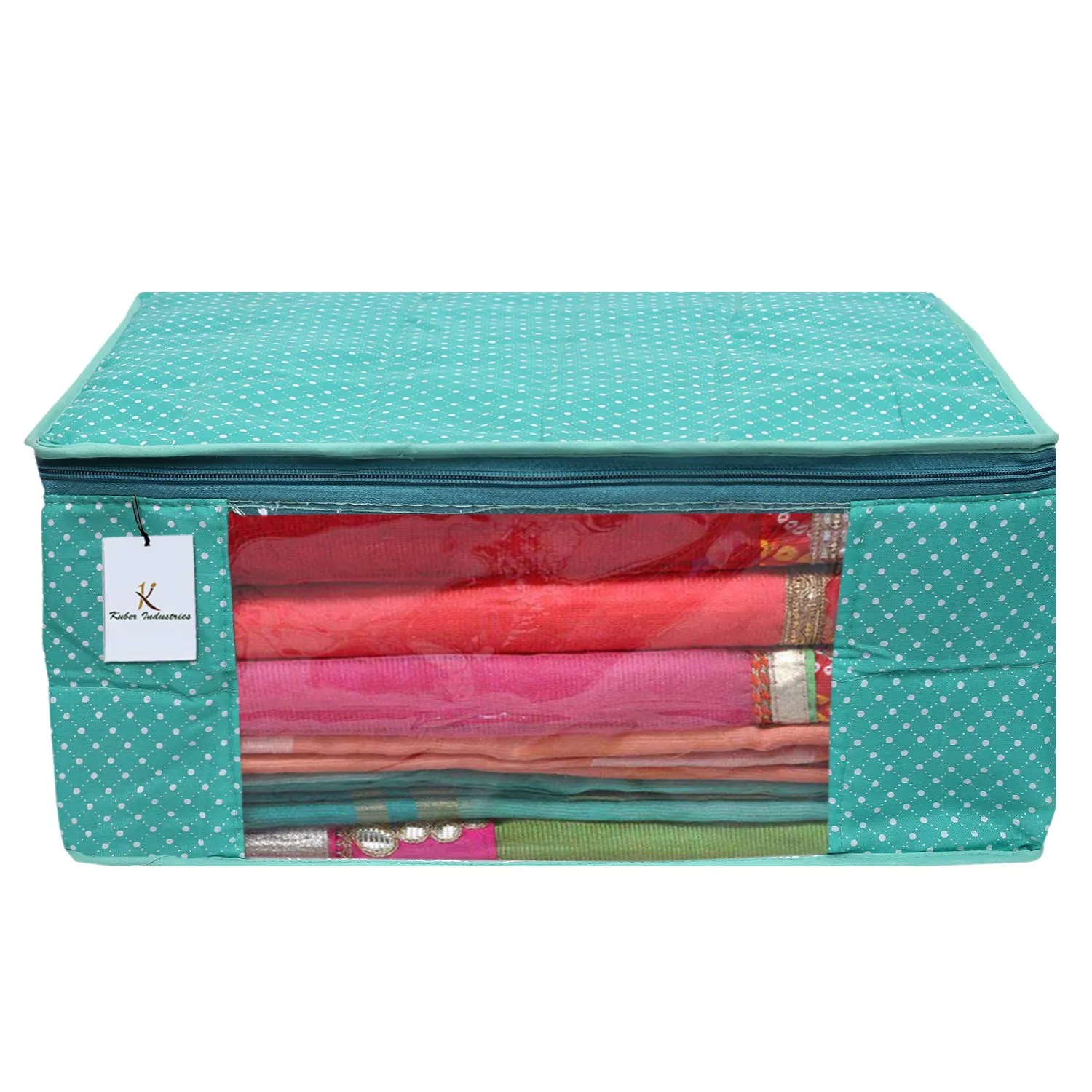 Kuber Industries Polka Dots 2 Piece Cotton 3 Layered Quilted Saree Cover, Green-CTKTC025824