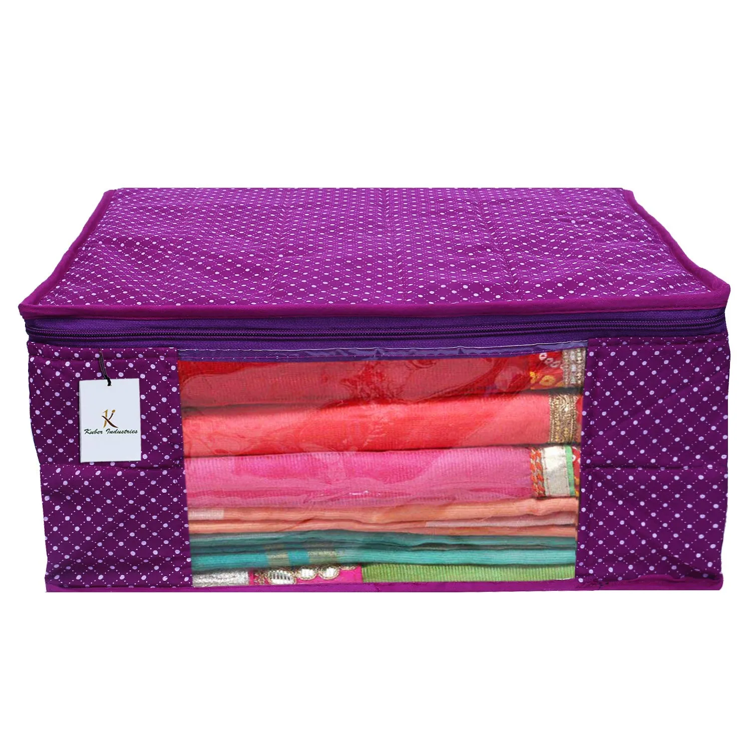 Kuber Industries Polka Dots 4 Piece Cotton 3 Layered Quilted Saree Cover, Purple-CTKTC21284