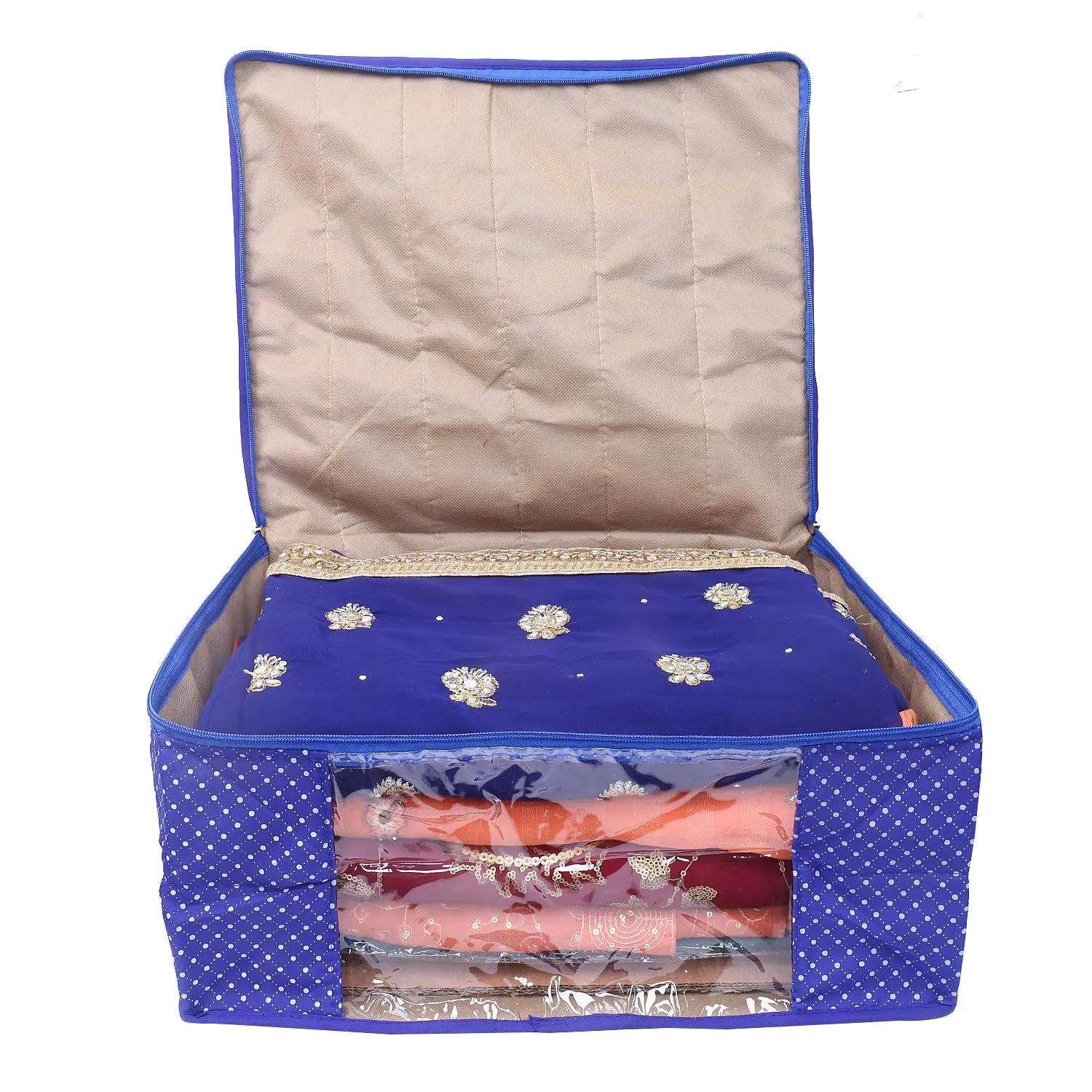Kuber Industries Polka Dots 5 Piece Cotton 3 Layered Quilted Saree Cover, Blue-CTKTC25797