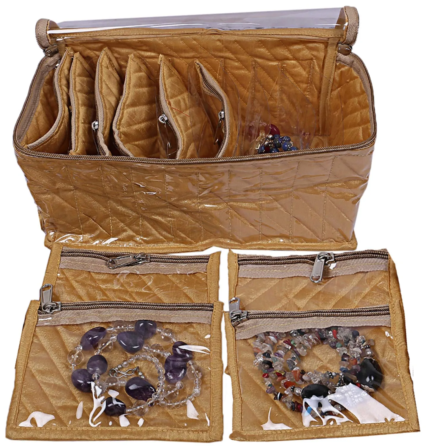 Kuber Industries Silk 1 Piece 10 Pouch Jewellery Kit (Gold) -CTKTC06885