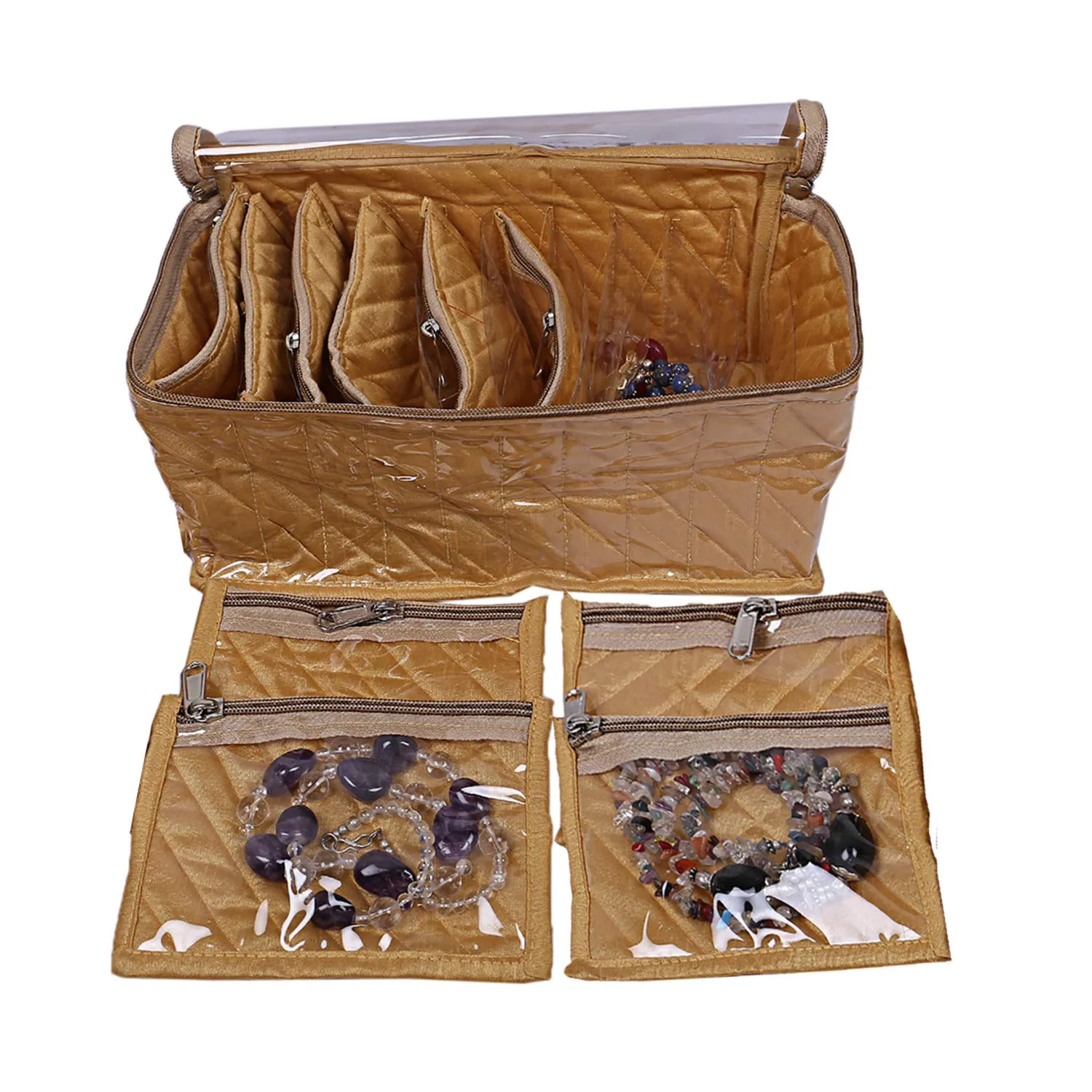 Kuber Industries Silk 1 Piece 10 Pouch Jewellery Kit (Gold) -CTKTC06885