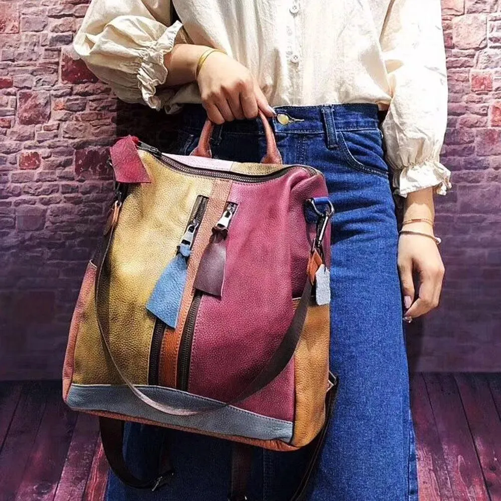 Oversized Women Vintage Leather Backpack Travel Casual