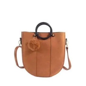 PU Leather Pompon Metal Tote Bag - Light Brown