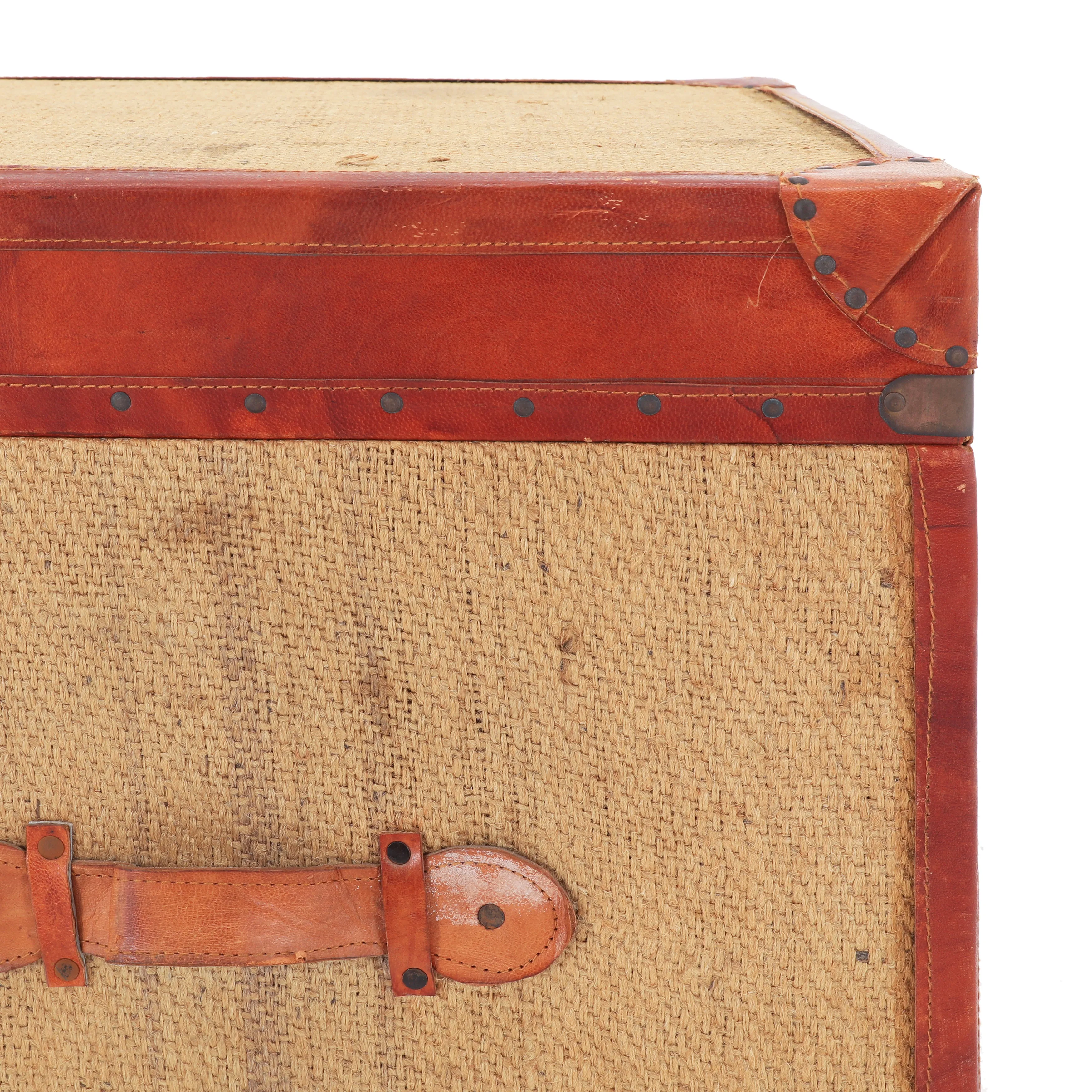 Red Leather & Burlap Storage Trunk