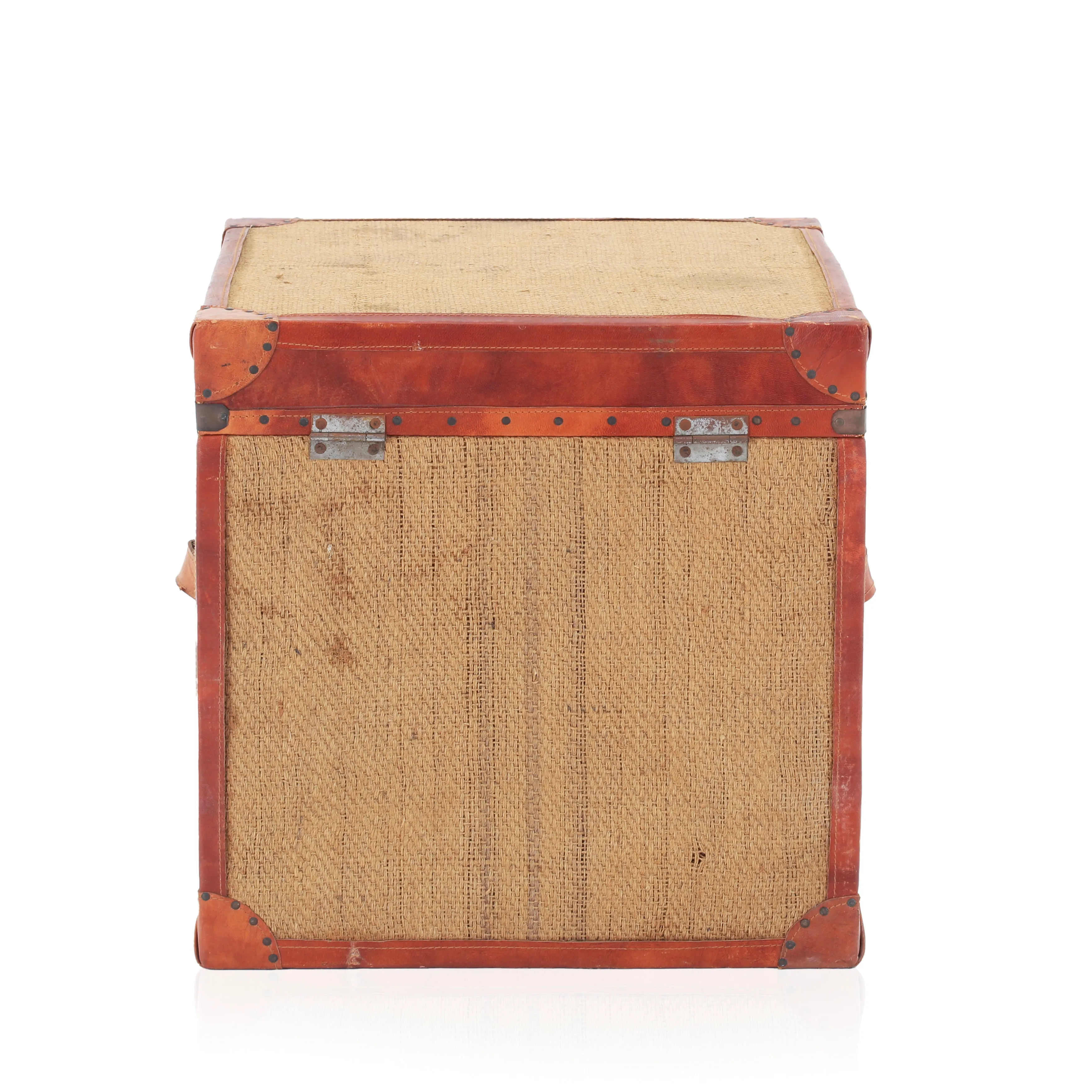 Red Leather & Burlap Storage Trunk