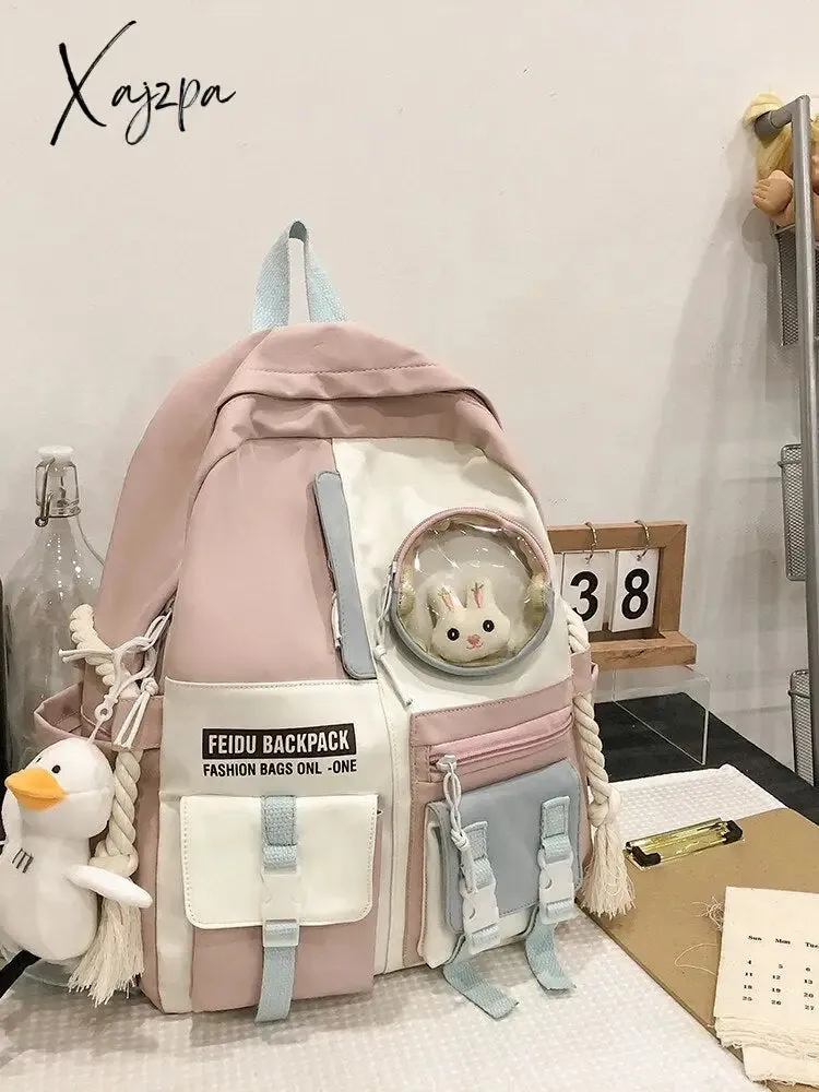 Xajzpa - Women Backpack Nylon Waterproof Schoolbag For Teenage College Style Pure Color Girls Backpack Bookbag Cute Casual Travel