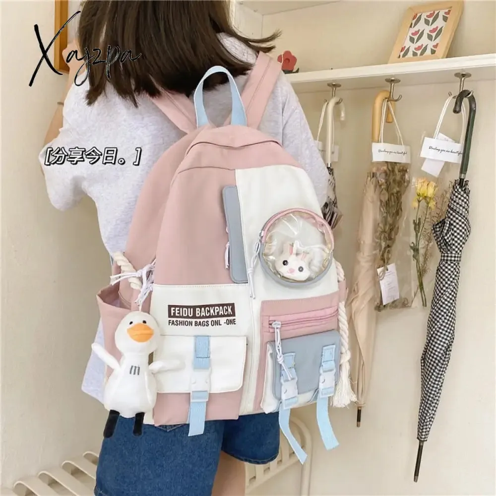 Xajzpa - Women Backpack Nylon Waterproof Schoolbag For Teenage College Style Pure Color Girls Backpack Bookbag Cute Casual Travel